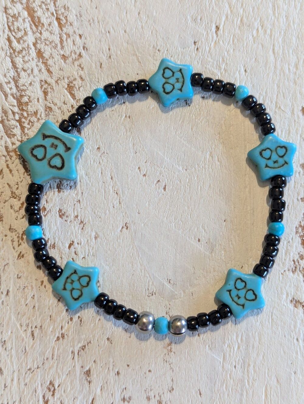 Beaded Adjustable Stretchy Bracelet Blue Turquoise Star Smiley Face Charms Skull